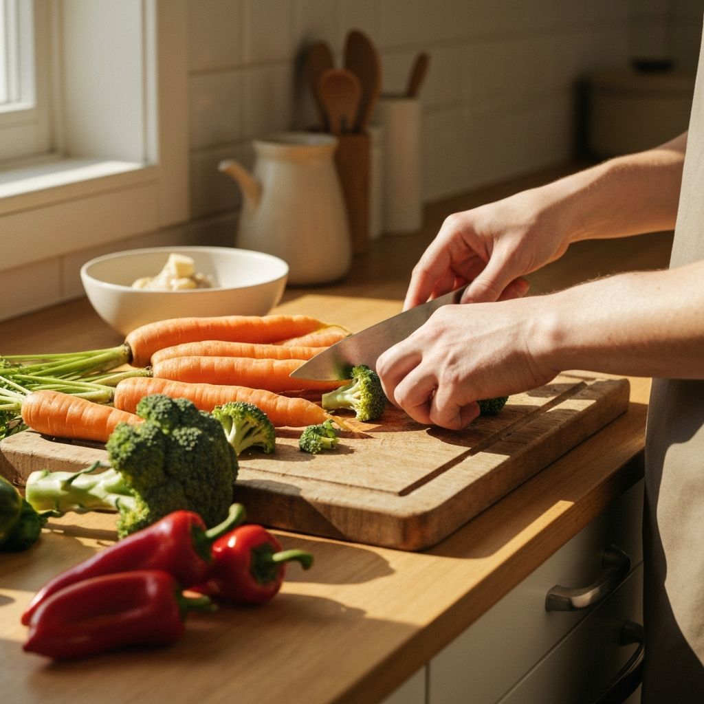 Χέρια προετοιμάζουν φρέσκα λαχανικά σε ελάχιστη κουζίνα, φυσικό φως ημέρας, ξύλινη σανίδα κοπής, οργανικό φαγητό