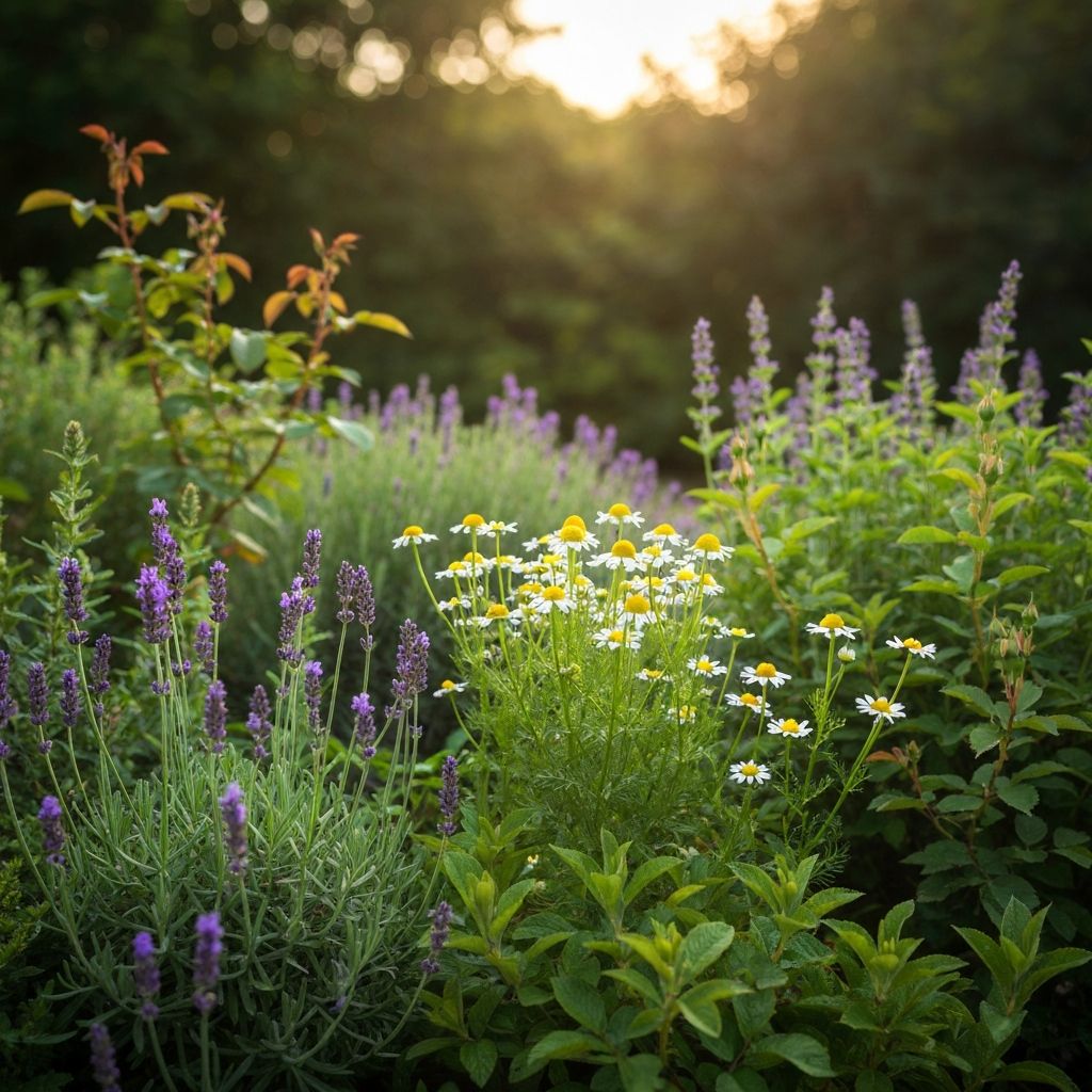 Πολυτέλεια κήπος με ιατρικά βότανα και βοτανικά φυτά, φυσικό φως ημέρας με πλούσιες πράσινες αποχρώσεις