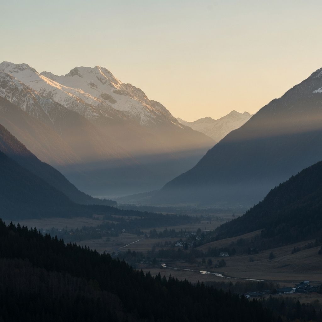Γαλήνιο τοπίο με ομιχλώδη βουνά και ήρεμη κοιλάδα στη δύση ηλίου με φυσικό ζεστό φωτισμό