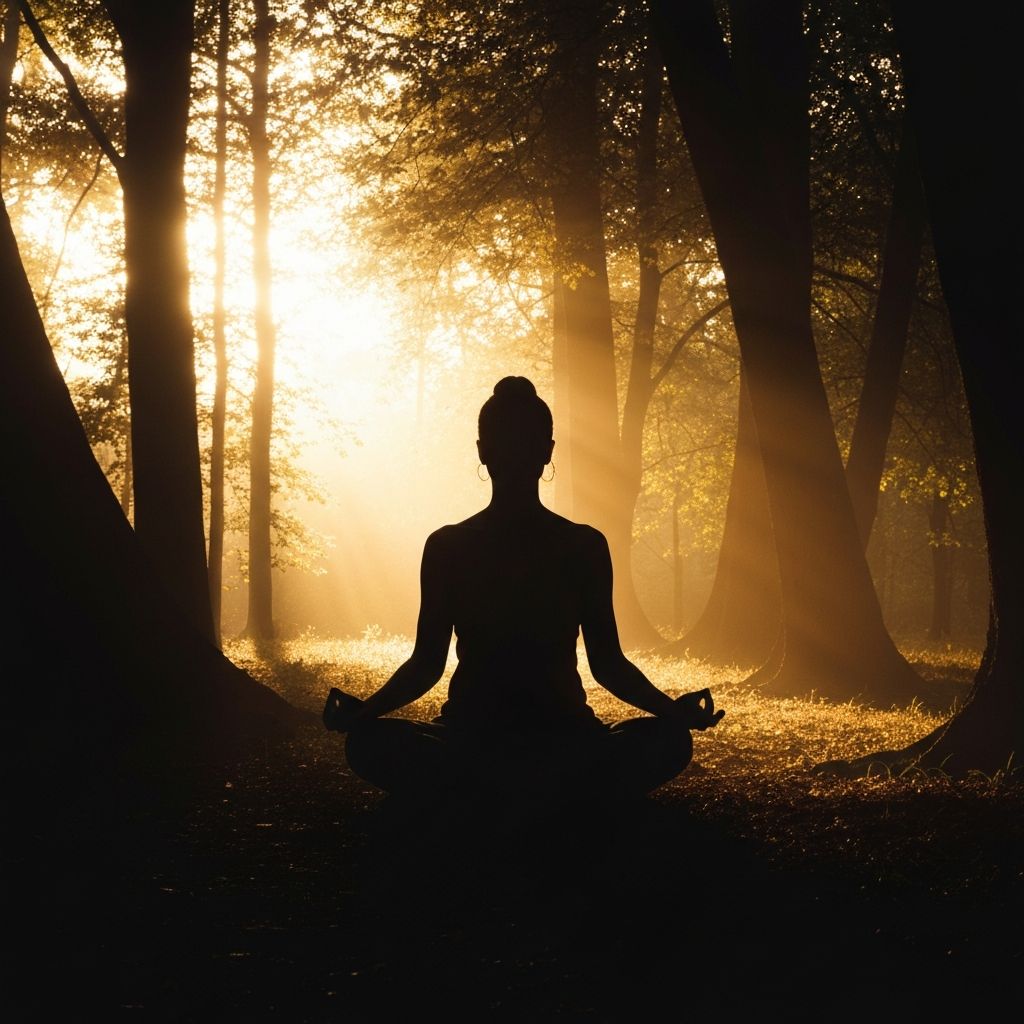Σιλουέτα ατόμου που διαλογίζεται σε φυσικό περιβάλλον, ήρεμο δάσος με ζεστό χρυσό φωτισμό, ήρεμη ατμόσφαιρα
