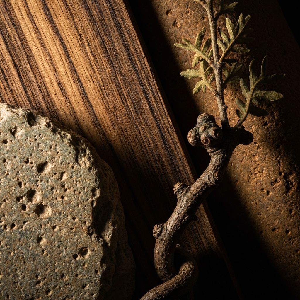 Κοντινή εικόνα υφής φυσικών υλικών: κόκκοι ξύλου, επιφάνεια πέτρας, οργανικά στοιχεία με δραματικό πλάγιο φωτισμό