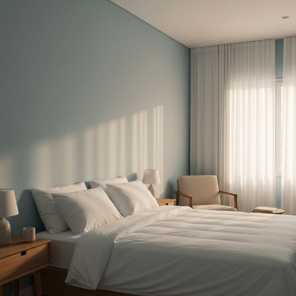 Ήρεμο υπνοδωμάτιο με μαλακό φυσικό φως διαμέσου κουρτινών, άνετη κρεβάτι, ελάχιστο εσωτερικό, ζεστές ατμοσφαιρικές αποχρώσεις